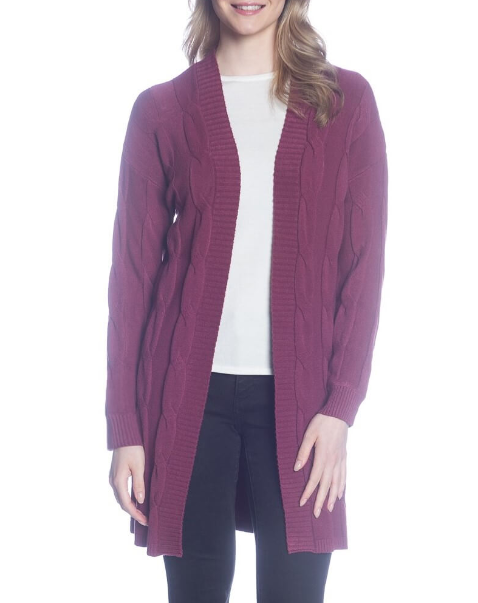 3/4 Length Open Front Cardigan with Cable Detail in Wine