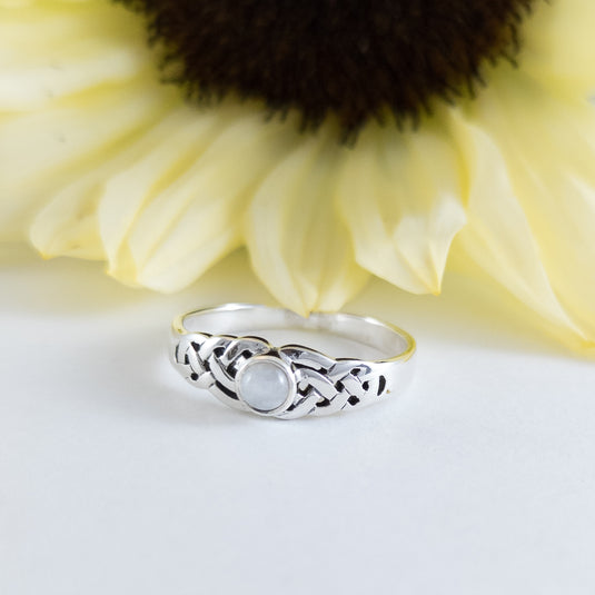 Celtic Knot Ring with Moonstone Centre in Sterling Silver