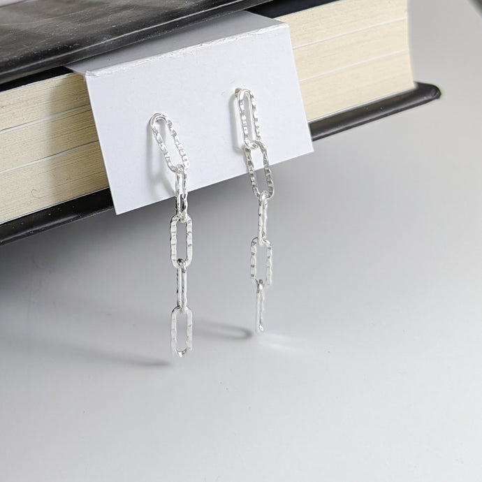 Hammered Paperclip Dangle Stud Earrings in Sterling Silver