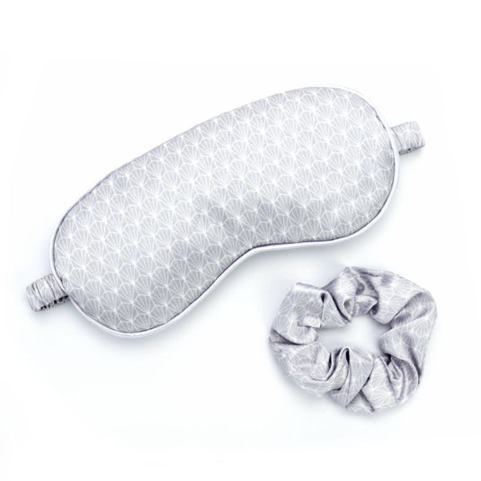 Silky Satin Eye Mask & Scrunchie Set in Grey Print