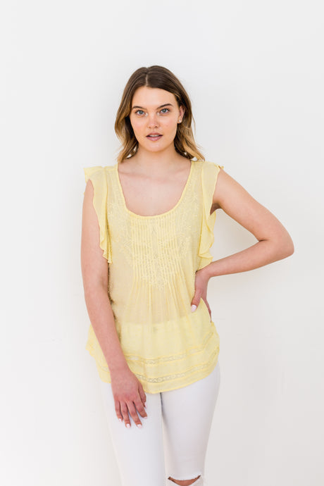 Embroidered Scoop Neck Top in Yellow (S-L) FINAL SALE