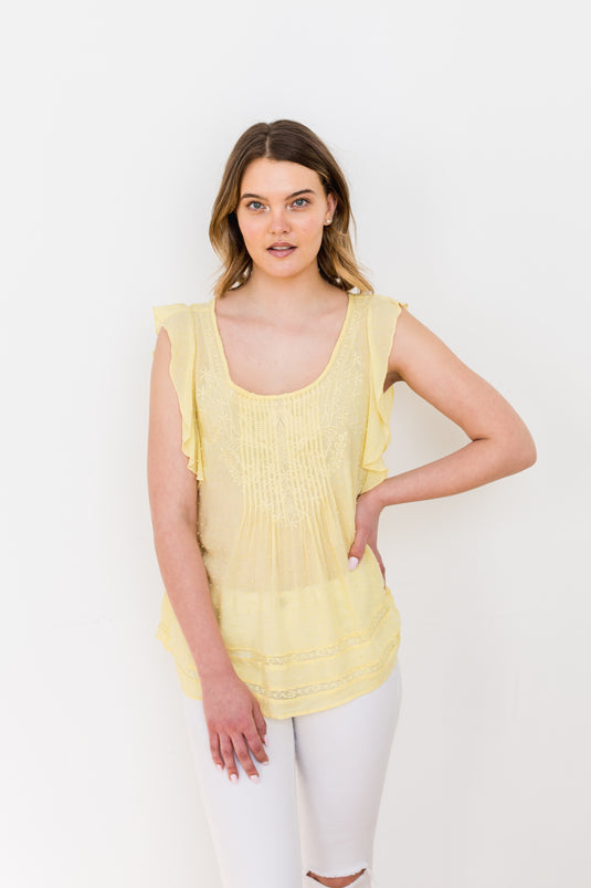Embroidered Scoop Neck Top in Yellow (S-L) FINAL SALE