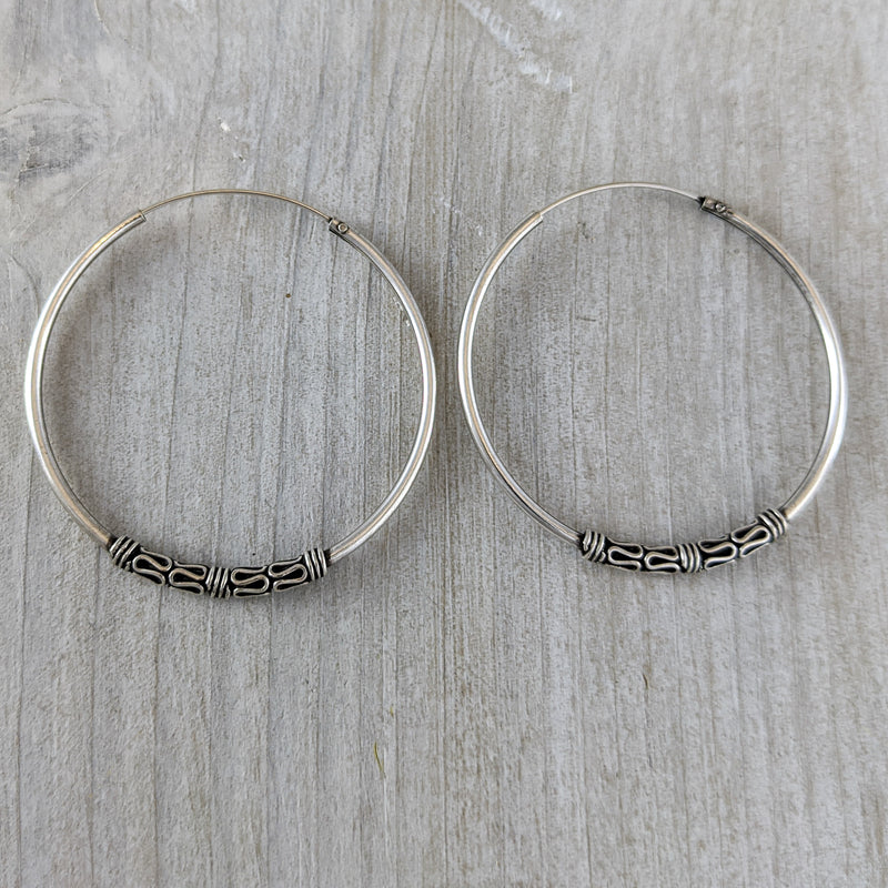 Load image into Gallery viewer, Hoop Earrings with Bali Beads, Sterling Silver
