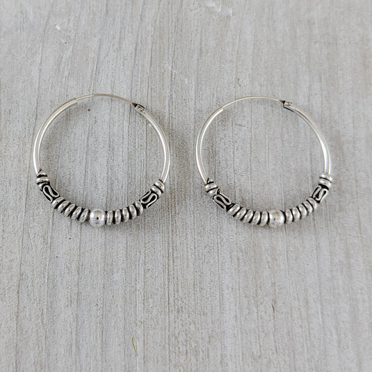 Medium Hoop Earrings with Roping & Ball in Sterling Silver