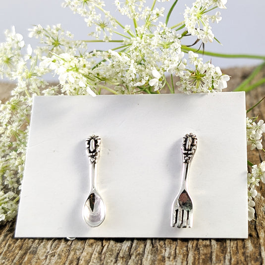 Fork and Spoon Stud Earrings in Sterling Silver
