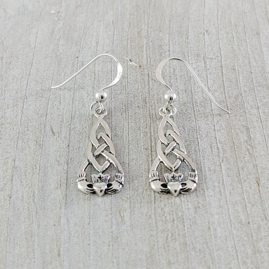 Long Celtic Knot with Claddagh Earrings in Sterling Silver