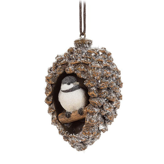 Chickadee in a Pinecone Ornament