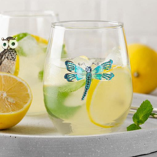 Load image into Gallery viewer, Stemless Wine Glass, Jewelled Dragonfly
