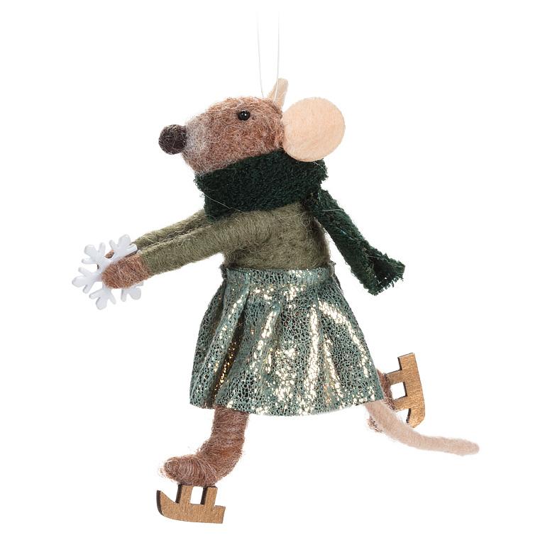 Load image into Gallery viewer, Decorative mouse ornament with a scarf, skirt, and skates on a white background
