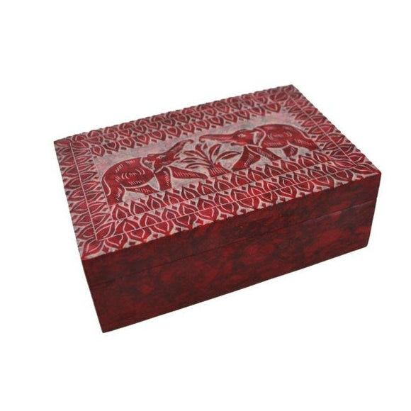 Load image into Gallery viewer, Carved Soapstone Box in Red with Elephants
