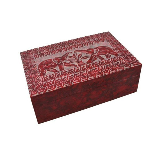 Carved Soapstone Box in Red with Elephants