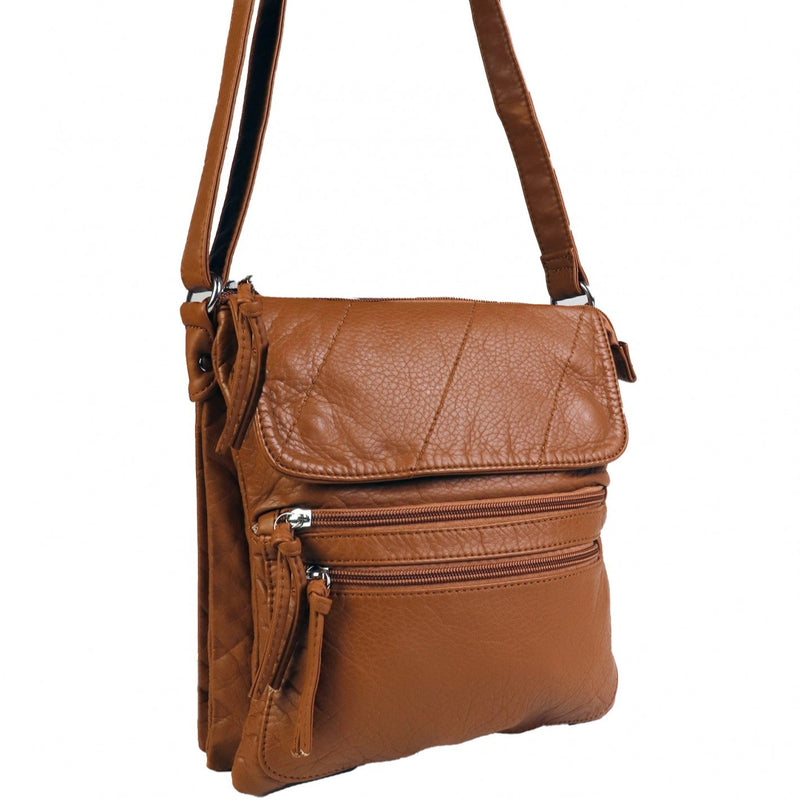 Load image into Gallery viewer, Brown leather crossbody bag with visible measurements on a white background
