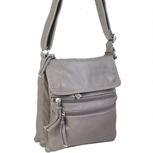 Gray crossbody bag with multiple zippers on a white background