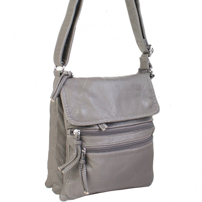 Gray crossbody bag with multiple zippers on a white background