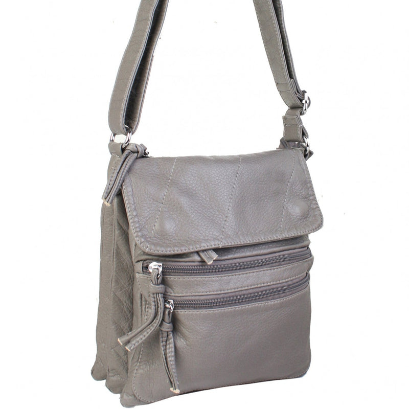 Load image into Gallery viewer, Gray crossbody bag with multiple zippers on a white background
