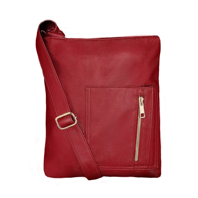 Red leather crossbody bag with a gold buckle on a white background