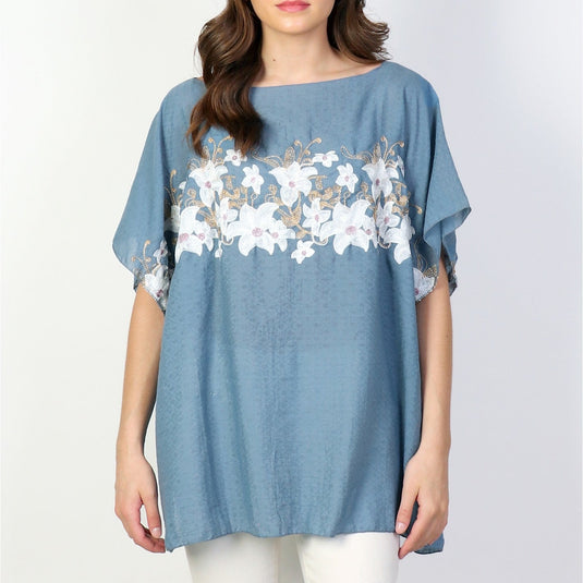 Flowy Summer Top in Soft Blue with Floral Stitching