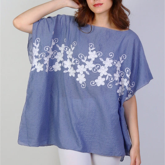 Flowy Summer Top in Blue with White Floral Stitching