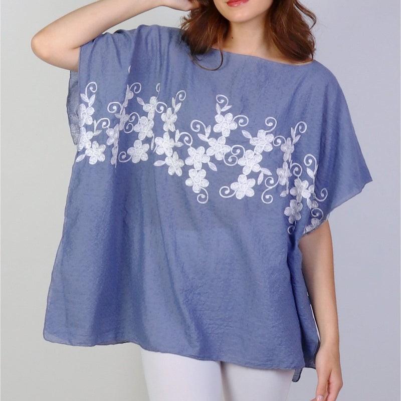 Load image into Gallery viewer, Flowy Summer Top in Denim with White Floral Stitching
