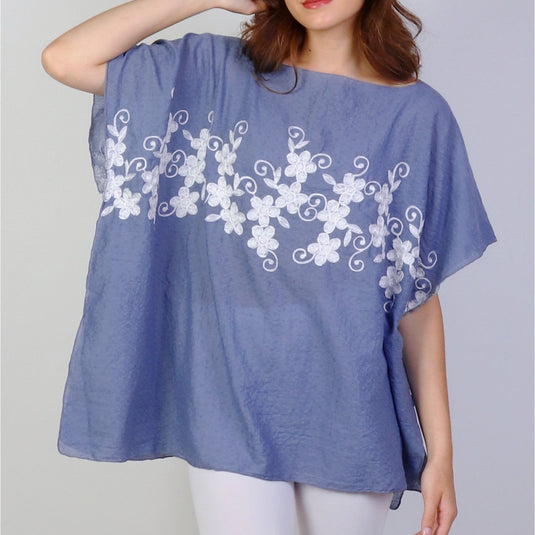 Flowy Summer Top in Denim with White Floral Stitching