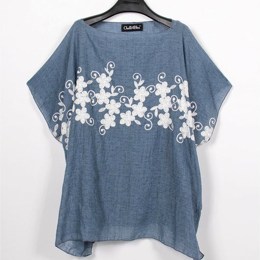 Flowy Summer Top in Denim with White Floral Stitching