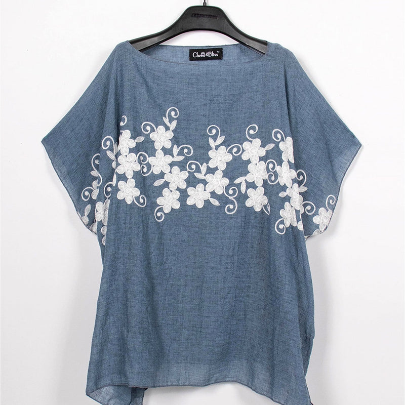 Load image into Gallery viewer, Flowy Summer Top in Blue with White Floral Stitching
