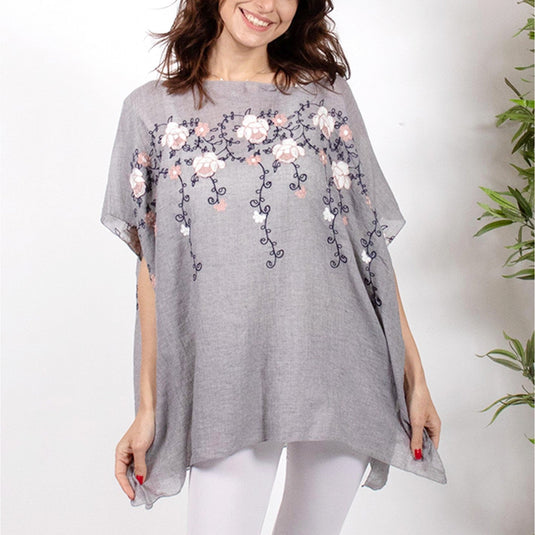 Flowy Summer Top in Grey with Rose Stitching