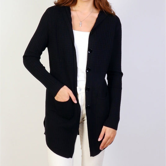 Knitted Hooded Cardigan with Buttons in Black