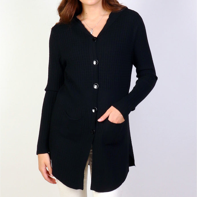 Knitted Hooded Cardigan with Buttons in Black