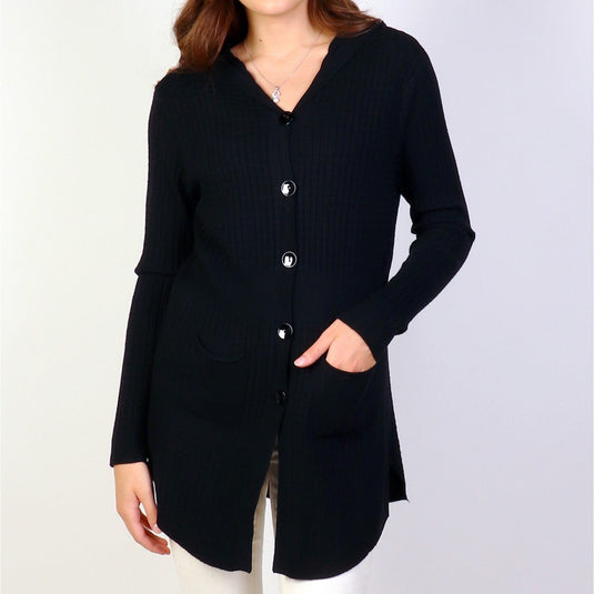 Knitted Hooded Cardigan with Buttons in Black