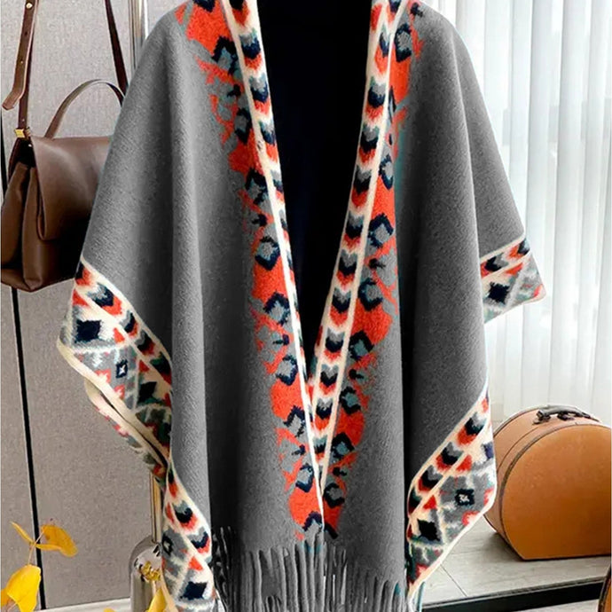 Bold Patterned Cape in Grey/Orange