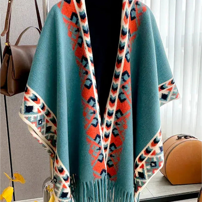 Bold Patterned Cape in Turquoise/Orange