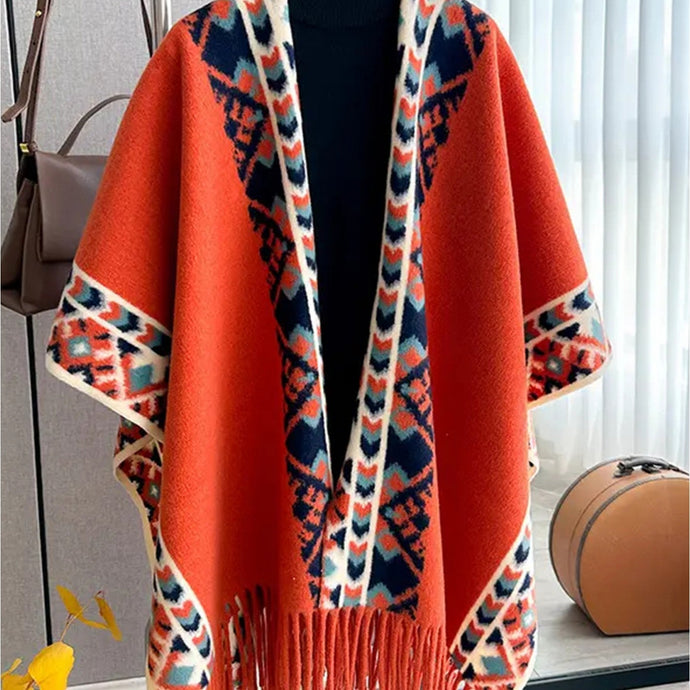 Bold Patterned Cape in Rust & Blues