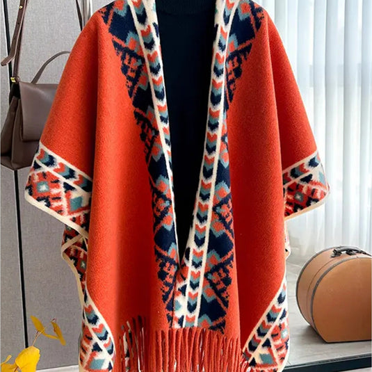 Bold Patterned Cape in Rust & Blues