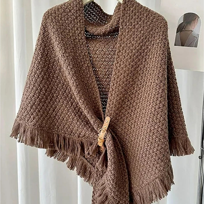 Fringed Knit Wrap with Buckle Detail in Chocolate Brown