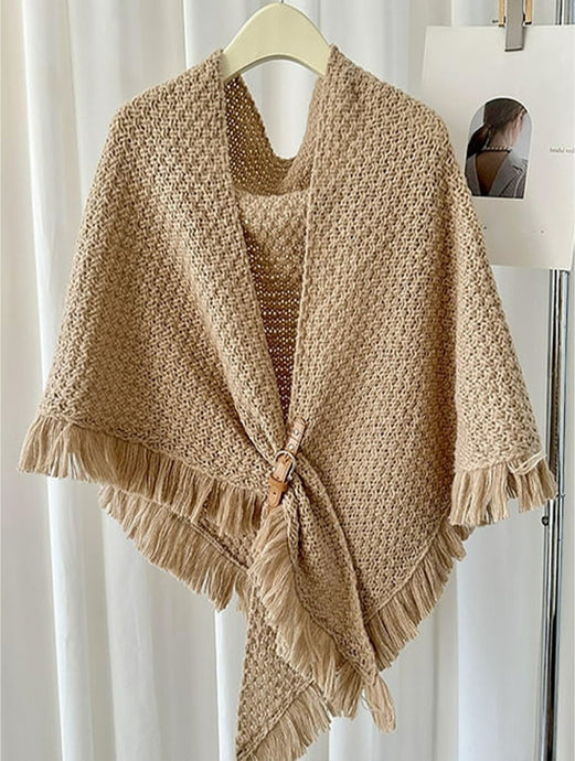 Fringed Knit Wrap with Buckle Detail in Latte