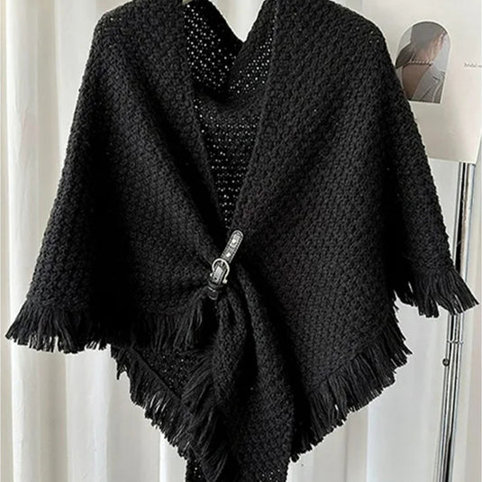 Fringed Knit Wrap with Buckle Detail in Black