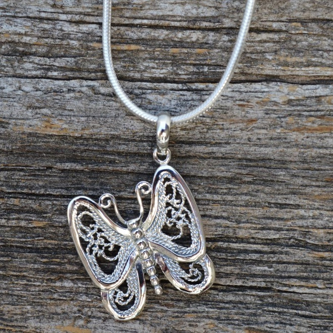 Load image into Gallery viewer, Butterfly with Filigree Wings Necklace in Sterling Silver
