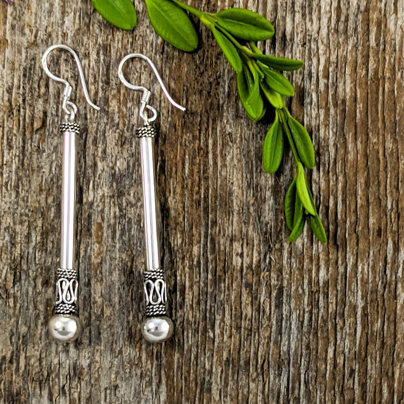 Load image into Gallery viewer, Long Bali Bead Stick Earrings in Sterling Silver
