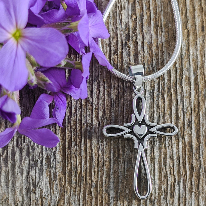 Cross with Heart Center Necklace in Sterling Silver