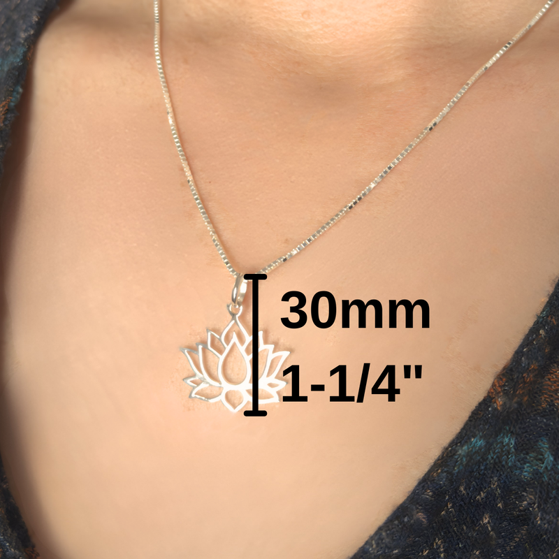 Load image into Gallery viewer, Necklace with a lotus flower pendant on a person&#39;s neck, showing measurement details.
