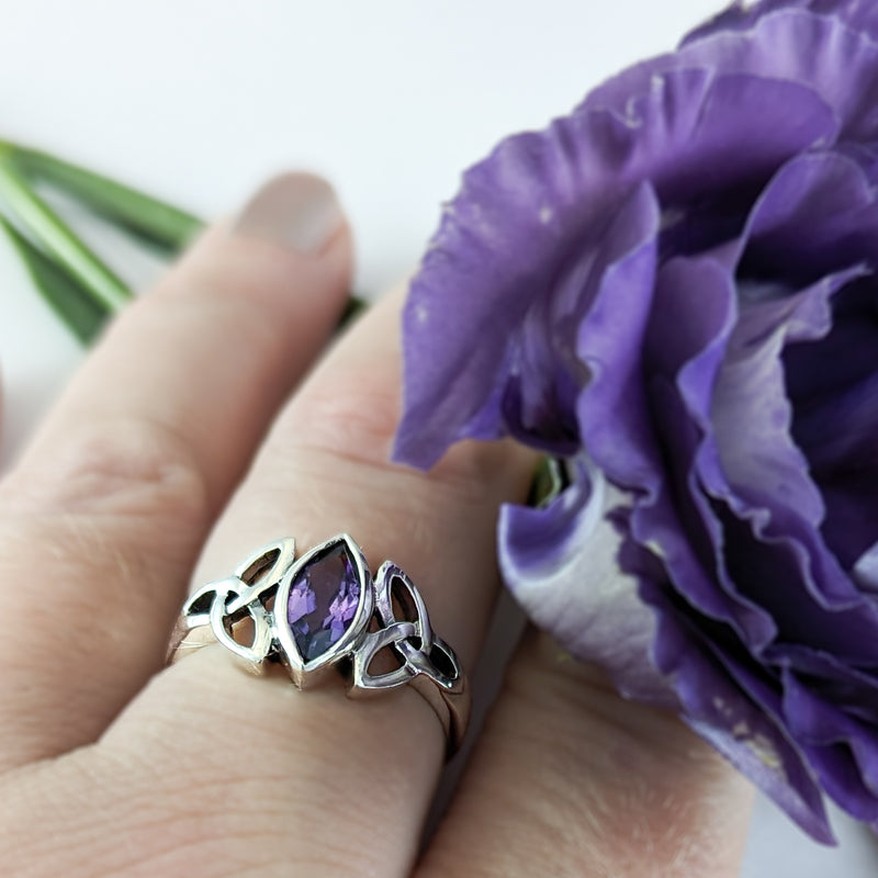 Load image into Gallery viewer, Trinity Knot &amp; Marquise Amethyst Ring in Sterling Silver
