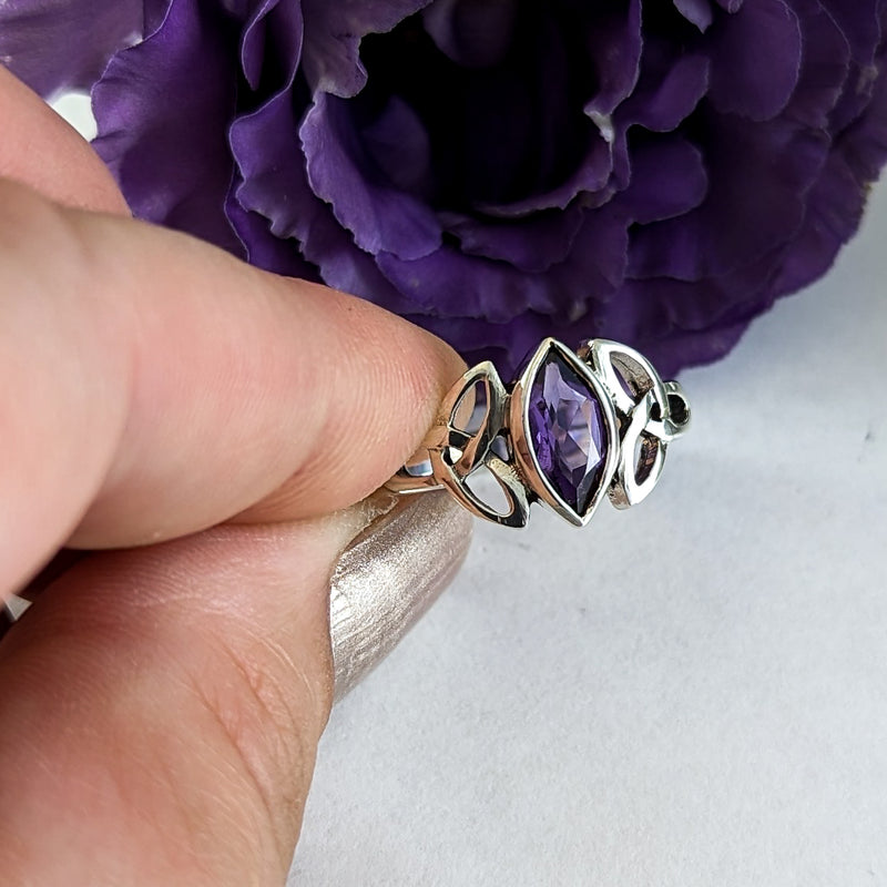 Load image into Gallery viewer, Trinity Knot &amp; Marquise Amethyst Ring in Sterling Silver
