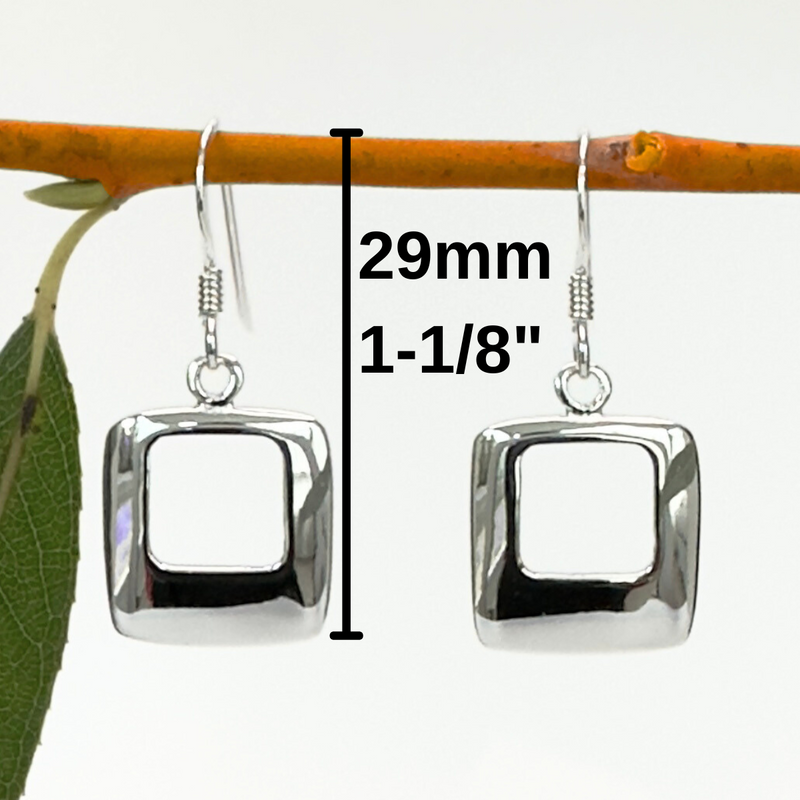 Load image into Gallery viewer, Silver square earrings on a branch with measurements indicated.
