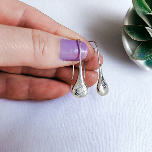 Contemporary Etched Sterling Silver Tear Drop Earrings