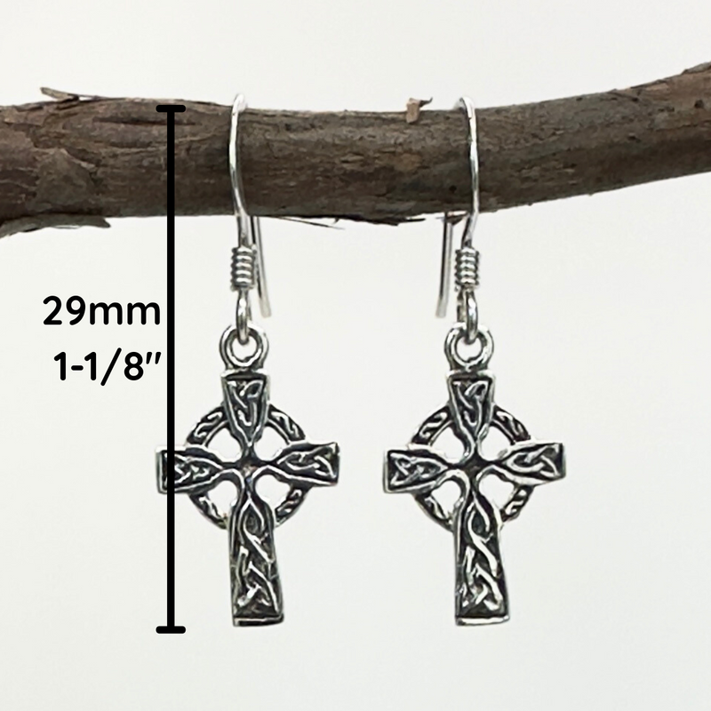 Load image into Gallery viewer, Silver Celtic cross earrings on a branch with measurements.
