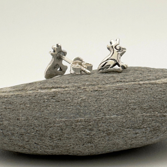 Silver earrings on a gray stone against a white background