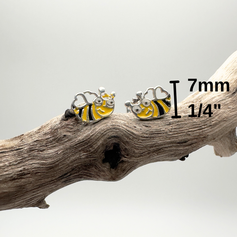 Load image into Gallery viewer, Bee-shaped earrings on a branch with measurement label
