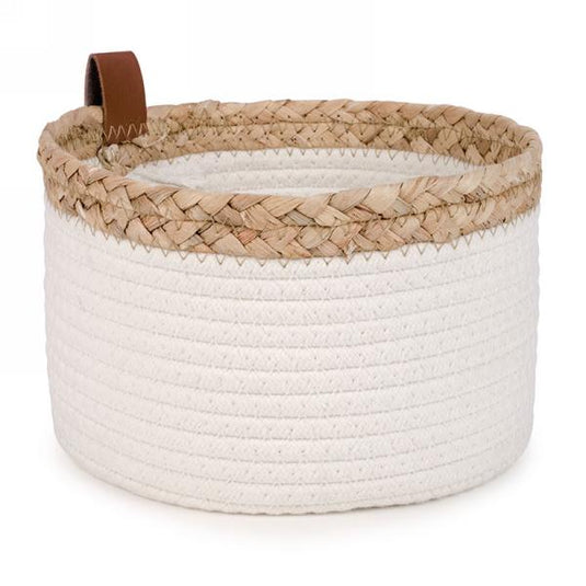 White Cotton Basket with Natural Trim