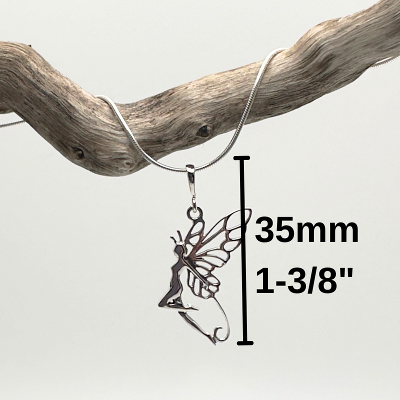 Load image into Gallery viewer, Silver fairy pendant on a branch with measurement details
